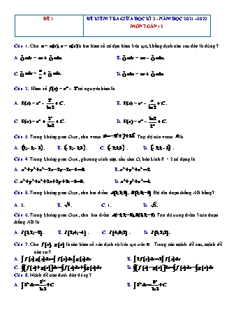 4 Đề kiểm tra giữa học kì 2 môn Toán Lớp 12 - Năm học 2021-2022 (Có đáp án)