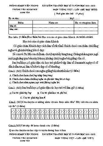 Bài kiểm tra cuối học kì 2 môn Tiếng Việt Lớp 1 (Sách Cánh diều) - Năm học 2021-2022 - Trường TH&THCS Minh Tân (Có đáp án)