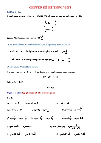 Bài tập môn Toán Lớp 9 - Chuyên đề: Hệ thức Vi-et
