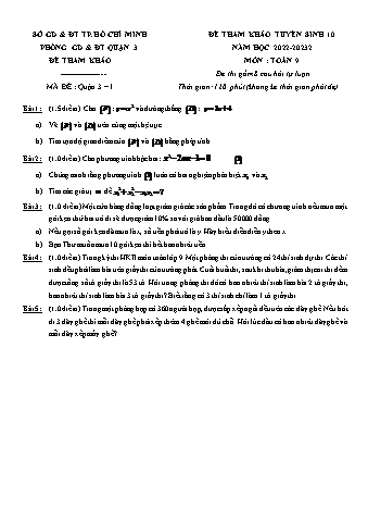 Bộ đề tham khảo tuyển sinh vào Lớp 10 môn Toán - Năm học 2022-2023 - Phòng GD&ĐT Quận 3 (Có lời giải)
