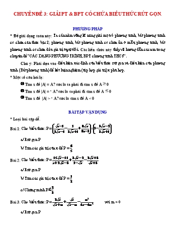 Chuyên đề Đại số Lớp 9 - Chuyên đề 3: Giải phương trình và bất phương trình có chứa biểu thức rút gọn