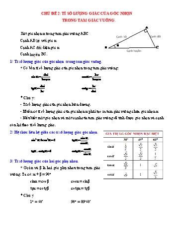 Chuyên đề Hình học Lớp 9 - Chuyên đề 2: Tỉ số lượng giác của góc nhọn trong tam giác vuông