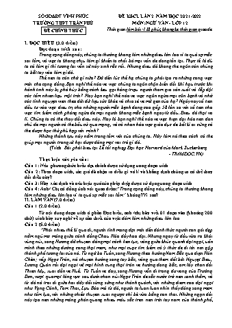 Đề khảo sát chất lượng môn Ngữ văn Lớp 12 (Lần 2) - Năm học 2021-2022 - Trường THPT Trần Phú (Có hướng dẫn chấm)