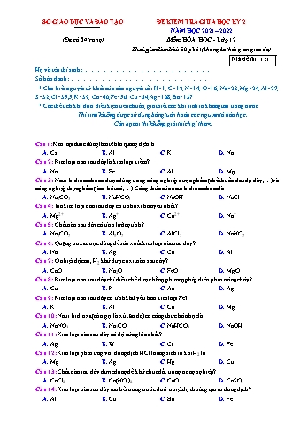 Đề kiểm tra giữa học kì 2 môn Hóa học Lớp 12 - Mã đề: 121 - Năm học 2021-2022 (Có đáp án)