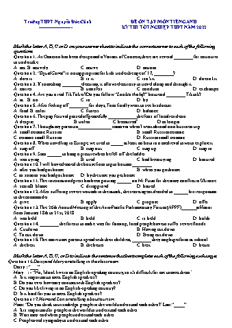 Đề ôn tập kì thi Tốt nghiệp THPT môn Tiếng Anh - Năm học 2022 - Trường THPT Nguyễn Đức Cảnh (Có đáp án)