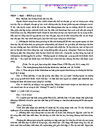 Đề ôn thi học kì 2 môn Ngữ văn Lớp 12 - Đề 1 - Năm học 2021-2022 (Có hướng dẫn chấm)