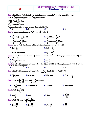 Đề ôn thi học kì 2 môn Toán Lớp 12 - Đề 2 - Năm học 2021-2022 (Có lời giải)