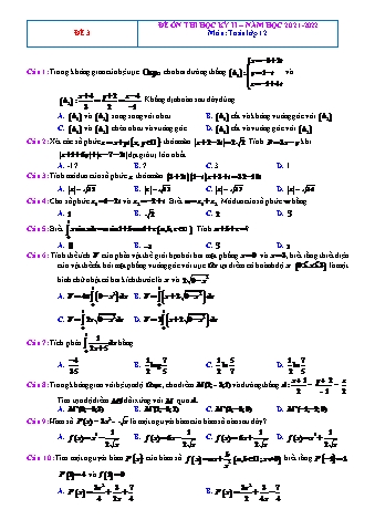 Đề ôn thi học kì 2 môn Toán Lớp 12 - Đề 3 - Năm học 2021-2022 (Có lời giải)