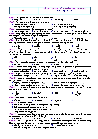 Đề ôn thi học kì 2 môn Vật lí Lớp 12 - Đề 1 - Năm học 2021-2022 (Có đáp án)