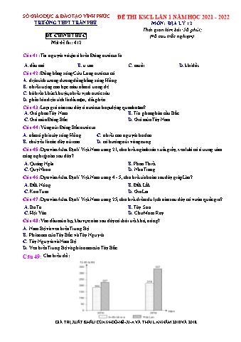 Đề thi khảo sát chất lượng môn Địa lí Lớp 12 (Lần 1) - Mã đề: 412 - Năm học 2021-2022 - Trường THPT Trần Phú (Có đáp án)