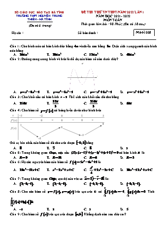 Đề thi thử Tốt nghiệp THPT môn Toán - Mã đề: 008 - Năm học 2021-2022 - Trường THPT Nguyễn Trung Thiên (Có đáp án)