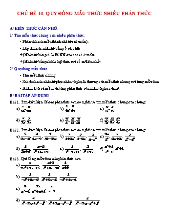 Giáo án dạy thêm Đại số Lớp 8 - Chủ đề 10: Quy đồng mẫu thức nhiều phân thức