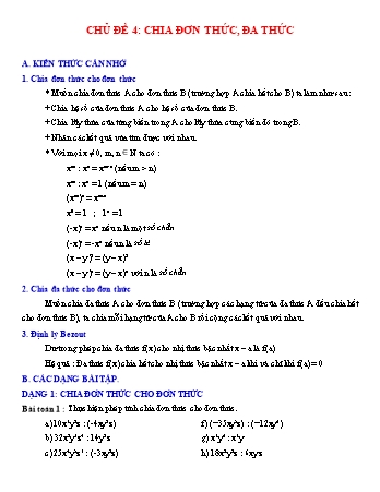 Giáo án dạy thêm Đại số Lớp 8 - Chủ đề 4: Chia đơn thức, đa thức
