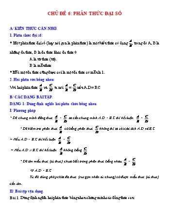 Giáo án dạy thêm Đại số Lớp 8 - Chủ đề 6: Phân thức đại số