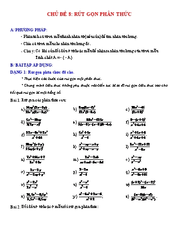 Giáo án dạy thêm Đại số Lớp 8 - Chủ đề 8: Rút gọn phân thức