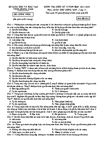 Kiểm tra cuối kì 2 môn Giáo dục công dân Lớp 12 - Năm học 2021-2022 - Sở GD&ĐT Quảng Nam (Có đáp án)