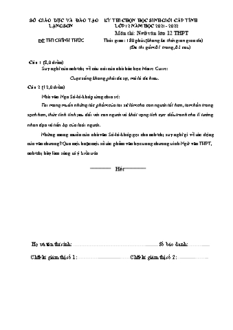 Kỳ thi chọn họ sinh giỏi cấp tỉnh môn Ngữ văn Lớp 12 - Năm học 2021-2022 - Sở GD&ĐT Lạng Sơn (Có đáp án)