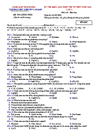 Kỳ thi khảo sát chất lượng Tốt nghiệp THPT môn Hóa học (Lần 2) - Năm học 2022 - Trường THPT chuyên Lam Sơn (Có đáp án)