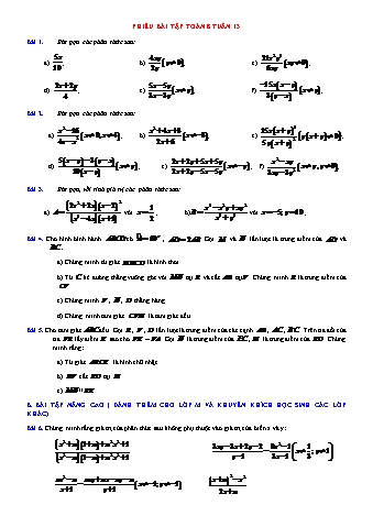 Phiếu bài tập Toán Lớp 8 - Tuần 13 (Có lời giải chi tiết)