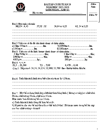 Bài tập Tuần 29 môn Toán và Tiếng Việt Lớp 5 - Năm học 2022-2023