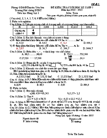 Bộ đề kiểm tra cuối học kì I môn Toán Lớp 5 - Năm học 2022-2023 - Trường TH Hùng Lợi 1 (Có đáp án)