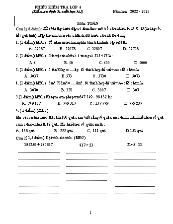Bộ đề kiểm tra giữa học kì 1 môn Toán Lớp 4 - Năm học 2022-2023