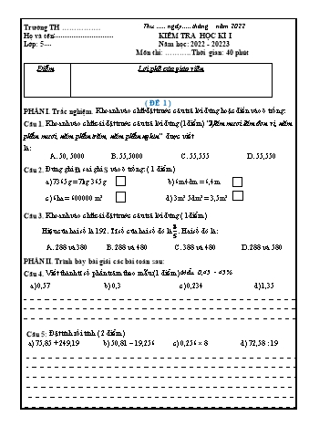 Bộ đề kiểm tra học kì 1 môn Toán Lớp 5 - Năm học 2022-2023