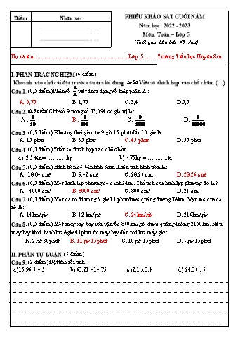 Đề kiểm tra chất lượng cuối học kì II môn Toán Lớp 5 - Năm học 2022-2023 - Trường TH Huyền Sơn (Có đáp án)