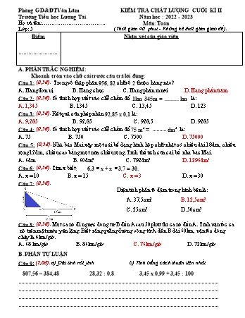 Đề kiểm tra chất lượng cuối kì II môn Toán Lớp 5 - Năm học 2022-2023 - Trường TH Lương Tài (Có đáp án)