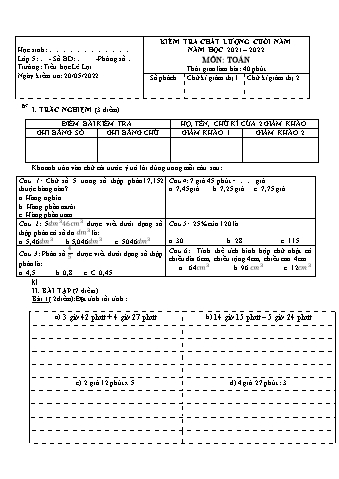 Đề kiểm tra chất lượng cuối năm môn Toán Lớp 5 - Năm học 2021-2022 - Trường TH Lê Lợi (Có đáp án)
