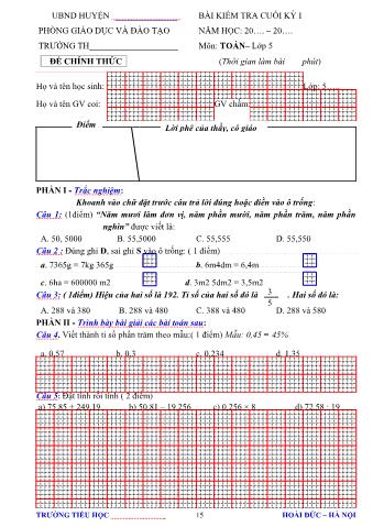 Đề kiểm tra cuối học kì 1 môn Toán Lớp 5 - Trường TH Hoài Đức