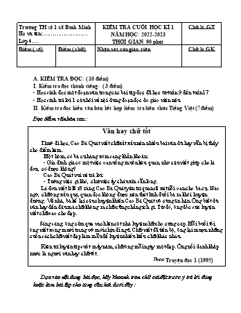 Đề kiểm tra cuối học kì I môn Tiếng Việt Lớp 4 - Năm học 2022-2023 - Trường TH Số 1 xã Bình Minh (Có đáp án)
