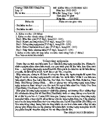 Đề kiểm tra cuối học kì I môn Tiếng Việt Lớp 5 - Năm học 2022-2023 - Trường TH và THCS Bình Đức (Có đáp án)