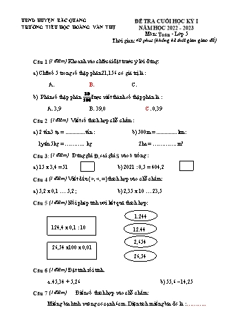 Đề kiểm tra cuối học kì I môn Toán học Lớp 5 - Năm học 2022-2023 - Trường TH Hoàng Văn Thụ