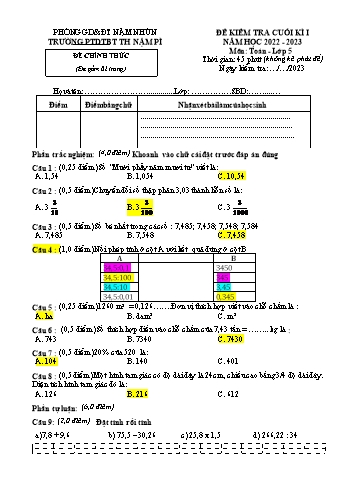 Đề kiểm tra cuối học kì I môn Toán Lớp 5 - Năm học 2022-2023 - Trường PTDTBT TH Nậm Pì