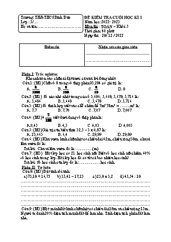 Đề kiểm tra cuối học kì I môn Toán Lớp 5 - Năm học 2022-2023 - Trường TH và THCS Bình Đức (Có đáp án)