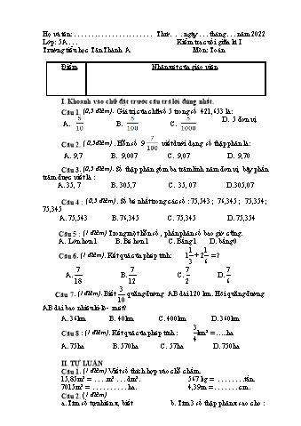 Đề kiểm tra cuối học kì I môn Toán Lớp 5 - Năm học 2022-2023 - Trường TH Tân Thành A (Có đáp án)