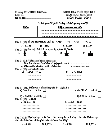 Đề kiểm tra cuối học kì I môn Toán Lớp 5 - Năm học 2022-2023 - Trường TH và THCS Bãi Thơm (Có đáp án)