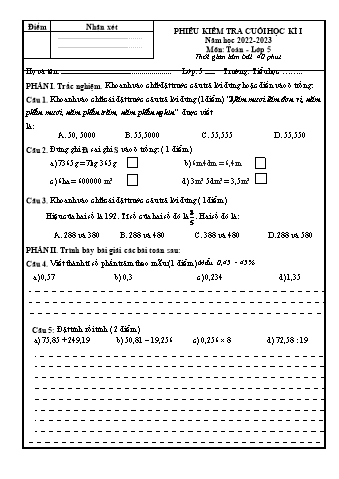 Đề kiểm tra cuối học kì I môn Toán Lớp 5 - Năm học 2022-2023