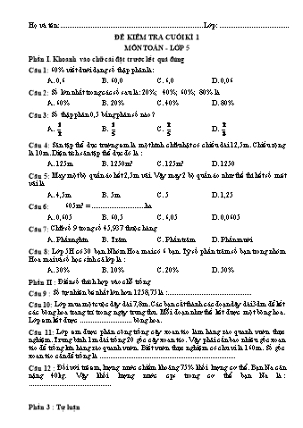 Đề kiểm tra cuối học kì I môn Toán và Tiếng Việt Lớp 5