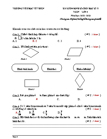 Đề kiểm tra cuối học kì II môn Toán Lớp 4 - Năm học 2022-2023 - Trường TH Từ Thiện (Có đáp án)