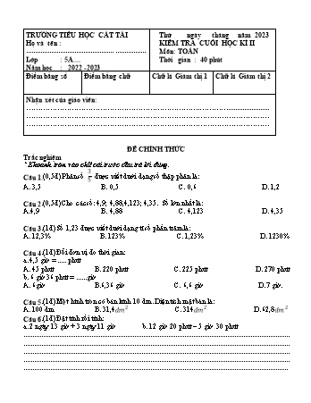 Đề kiểm tra cuối học kì II môn Toán Lớp 5 - Năm học 2022-2023 - Trường TH Cát Hải (Có đáp án)