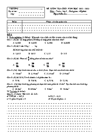 Đề kiểm tra cuối năm môn Toán Lớp 5 - Năm học 2022-2023 (Có đáp án)