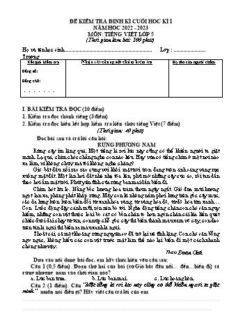 Đề kiểm tra định kì cuối học kì 1 môn Tiếng Việt Lớp 5 - Năm học 2022-2023 (Có đáp án)