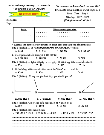Đề kiểm tra định kì cuối học kì 1 môn Toán Lớp 4 - Năm học 2022-2023 - Trường TH Minh Khai (Có đáp án)