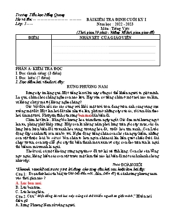 Đề kiểm tra định kì cuối học kì I môn Tiếng Việt Lớp 5 - Năm học 2022-2023 - Trường TH Hồng Quang (Có đáp án)