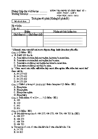 Đề kiểm tra định kì cuối học kì I môn Toán Lớp 4 - Năm học 2022-2023 (Có đáp án)
