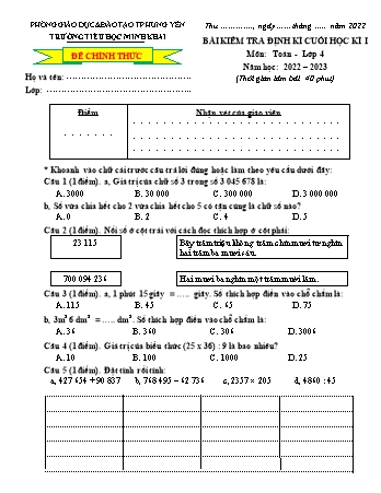 Đề kiểm tra định kì cuối học kì I môn Toán Lớp 4 - Năm học 2022-2023 - Trường TH Minh Khai (Có đáp án)