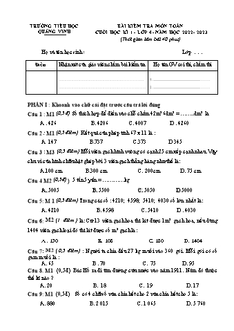 Đề kiểm tra định kì cuối học kì I môn Toán Lớp 4 - Năm học 2022-2023 - Trường TH Quảng Vinh