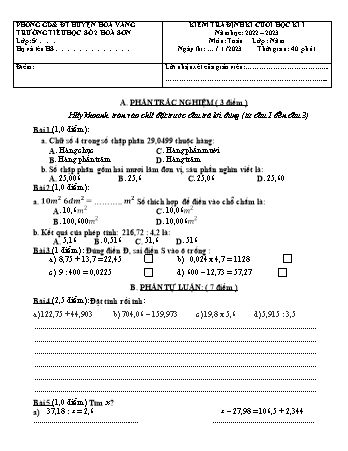 Đề kiểm tra định kì cuối học kì I môn Toán Lớp 5 - Năm học 2022-2023 - Trường TH Số 2 Hòa Sơn (Có đáp án)